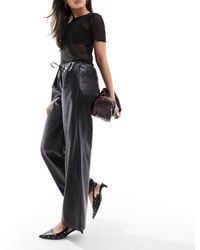 Bershka - Faux Leather Tie Waist Wide Leg Trousers - Lyst