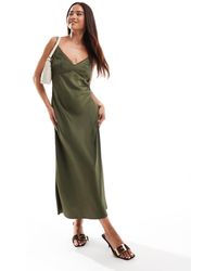ASOS - Vestido Lencero Midi Caqui De Tirantes Con Ribete De Encaje De - Lyst