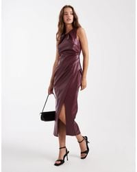 New Look - Robe portefeuille mi-longue et froncée en pu - bordeaux - Lyst