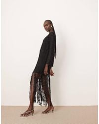ARRANGE - Embroidered Lace Long Sleeve Midi Dress With Fringe Hem - Lyst