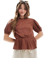 ASOS - Linen Blend Peplum Top With Puff Sleeve - Lyst