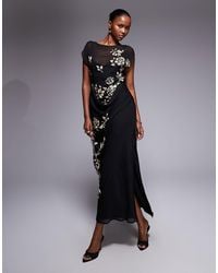 ASOS Floral Embroidered Dobby Mesh Flutter Sleeve Maxi Dress in Pink | Lyst