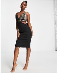 Starry Eyed Premium Embellished Deep Plunge Cami Strap Midi Dress - Black