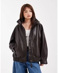 ASOS - Asos Design Petite Oversized Leather Look Funnel Bomber Jacket - Lyst