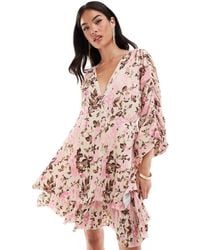 Y.A.S - Geplooide Mini Jurk Met Lange Mouwen, Lage V-Hals En Rimpeleffect - Lyst