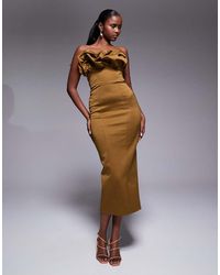 ASOS - Bandeau Structured Midi Dress With Ruffle Bodice Detail - Lyst