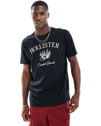 Hollister - Camiseta negra holgada con texto bordado "coastal" y logo tech - Lyst