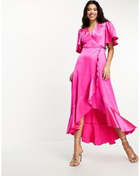 Flounce London - Flutter Sleeve Wrap Front Satin Maxi Dress - Lyst