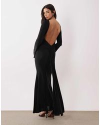 ASOS - Maxi Jurk Met Lange Mouwen, Doorschijnend Paneel En Kanten Rand - Lyst