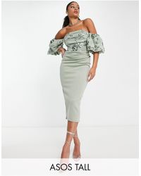 ASOS - Asos Design Tall Bardot Puff Sleeve Midi Dress With Floral Embellishment - Lyst