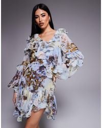 ASOS - – asymmetrisches minikleid im western-stil aus organza und chiffon mit em blumenmuster und verzierung - Lyst