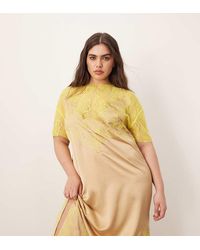 ARRANGE - Vestido Midi Marrón Topo Y Verde Lima De Corte Recto De Satén Con Aplicaciones De Encaje Bordado De Curve - Lyst