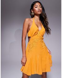 ASOS - Embroidered Halter Mini Dress With Godets - Lyst
