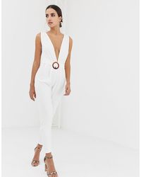ASOS Deep Plunge Jumpsuit With Buckle Belt And Peg Leg - White