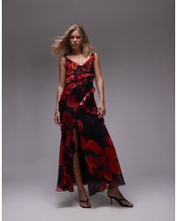 TOPSHOP - Vestido Largo Rojo Y Rosa De Tirantes Con Estampado Floral Y Volantes De - Lyst