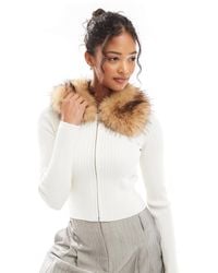 Bershka - Faux Fur Collar Zip Up Knitted Top - Lyst