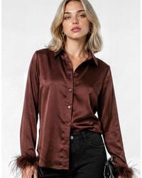 Lovedrobe - Feather Cuffs Chocolate Satin Shirt - Lyst
