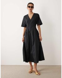 Mango - Cotton Mix V Neck Midi Dress With Puff Sleeves - Lyst