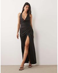 TFNC London - Satin Halter Neck Cowl Plunge Split Detail Maxi Dress - Lyst
