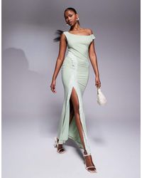 ASOS - Vestito Lungo Verde Salvia Con Scollo Alla Bardot, Spacco E Lati - Lyst
