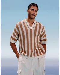 ASOS - Polo Color Tostado A Rayas De Corte Cuadrado Holgado Con Muesca En El Cuello De Punto De Croché De -Marrón - Lyst