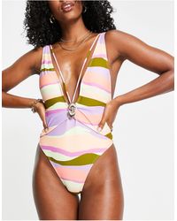 Shell Trim Plunge Long Sleeve Swimsuit