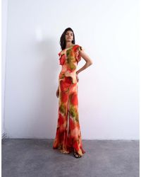 TOPSHOP - Vestito Lungo Con Stampa Astratta A Fiori, Scollo Ad Anello Sul Retro E Maniche Con Volant - Lyst