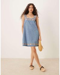 ASOS - Denim Square Neck Mini Dress With Embroidery - Lyst