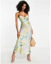 Mango - Midi-jurk Van Satijn Met Veters En Aquarelprint - Lyst