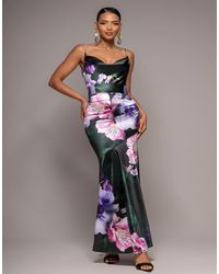 Goddiva - Floral Print Satin Cowl Neck Maxi Dress - Lyst