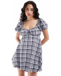 ASOS - Vestido Corto A Cuadros Vichy Azul Marino Amplio Con Mangas Y Bajo Abullonados De - Lyst