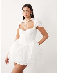 Bardot - Allington Broderie Corset Puff Sleeve Tie Collar Detail Mini Dress - Lyst