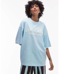 TOPSHOP - Camiseta Extragrande Con Estampado Gráfico "Côte D'Azur" De Punto Liso De -Azul - Lyst