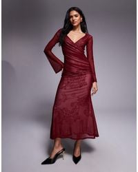 ASOS - Printed Lace Lined Maxi Dress With Wrap Over Bardot Neckline And Long Sleeve - Lyst