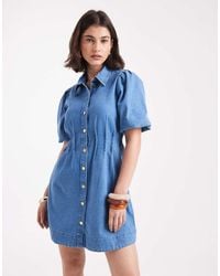 Vero Moda - Denim Mini-Jurk Met Pofmouwen En Geplooide Taille - Lyst