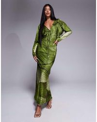 ASOS - Midi-Jurk Met Vleermuismouwen, Gestrikte Voorkant En Abstracte Bladprint - Lyst
