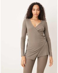 Mango - Ribbed Knit Long Sleeve Wrap Round Pyjama Top Co-Ord - Lyst