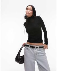 TOPSHOP - Top Premium A Maniche Lunghe Nero A Coste Con Scollo A Imbuto - Lyst