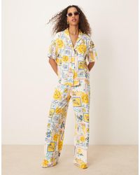 ASOS - Pantalones De Pernera Ancha Con De Tejido Efecto Lino De (Parte De Un Conjunto)-Blanco - Lyst