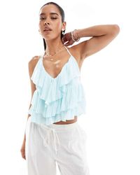 Bershka - Top Van Kreukelstof Met Halternek En Ruches - Lyst