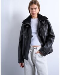 TOPSHOP - Faux-leather Funnel Neck Bomber Jacket With Borg - Lyst