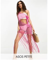 ASOS - Asos Design Petite Light Knit One Shoulder Midi Beach Dress With Fringe - Lyst