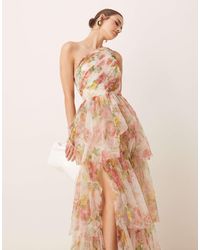 LACE & BEADS - Robe longue asymétrique en tulle à fleurs avec volants étagés - clair - Lyst