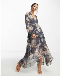 ASOS - Robe mi-longue plissée à volants superposés avec bordure en dentelle - bleu marine floral - Lyst