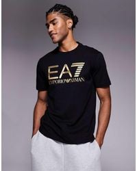 EA7 - Camiseta Negra Y Dorada Con Logo De Armani - Lyst