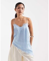 New Look - Longline Asymmetric Lace Trim Satin Cami Top - Lyst