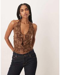 Motel - Yukari Burnout Mesh Floral Plunge Halter Top - Lyst