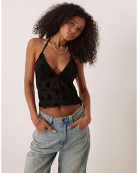 ASOS - Flocked Mesh Plunge Frill Halter Top - Lyst