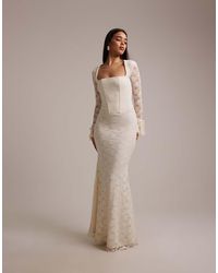 Wanderdoll - Wander Doll Juliette Bridal Square Neck Corset Detail Bow Tie Sleeve Lace Maxi Dress - Lyst