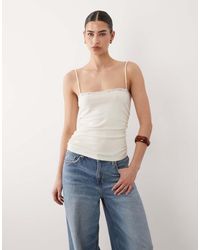 Mango - Gerimpelde Cami Van Katoenmix Met Bandjes En Kanten Rand - Lyst